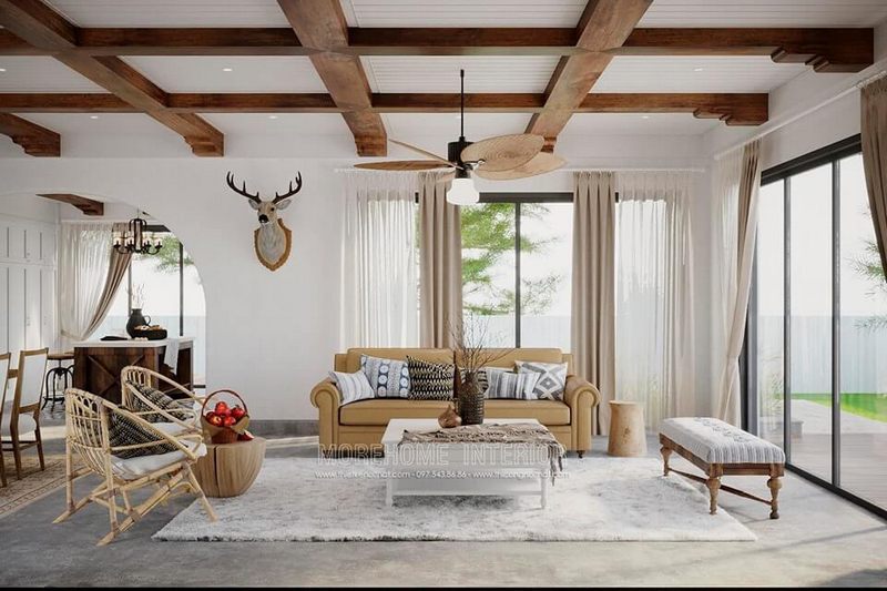 Công nghiệp sản xuất sofa da màu vàng phong thủy để trang trí nội thất phòng khách của nhà biệt thự.